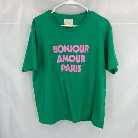 Sezane Tops - Sezane Women 2XL Bonjour Amour Paris T Shirt Green Pink Short Sleeve Pullover